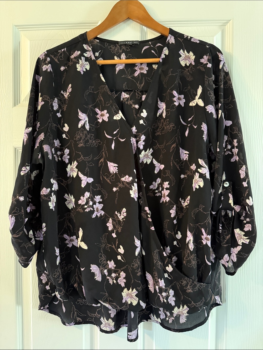 West Kei Black Floral Wrap-Front Blouse with Lavender Accents
